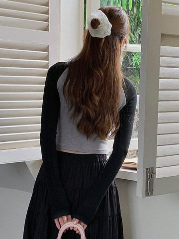 Women's Contrast Color Letter Printed Fleece T-Shirt, Thermal