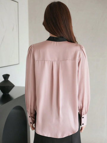 DAZY Women's Contrast Color Ribbon Collar Long Sleeve Blouse