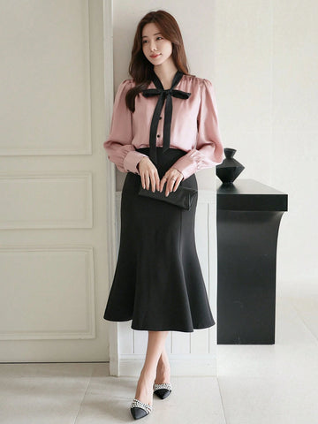 DAZY Women's Contrast Color Ribbon Collar Long Sleeve Blouse