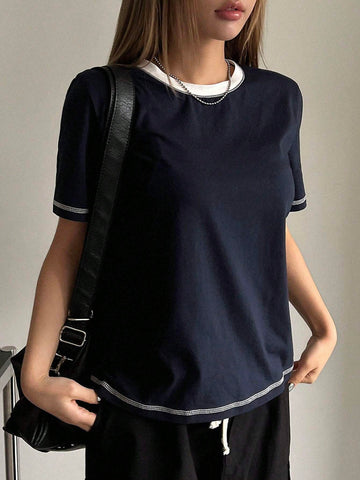 DAZY Women's Contrast Color See-Through Round Neck Loose Short Sleeve T-Shirt