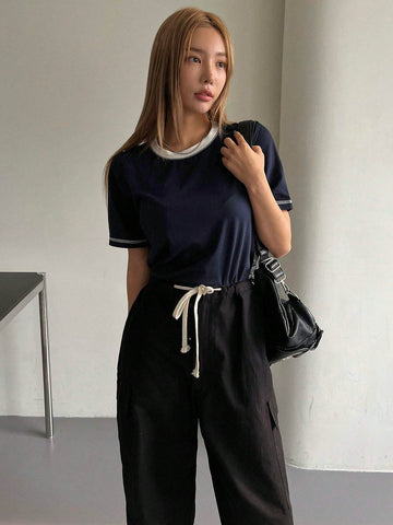 DAZY Women's Contrast Color See-Through Round Neck Loose Short Sleeve T-Shirt