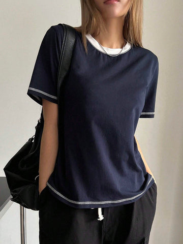 DAZY Women's Contrast Color See-Through Round Neck Loose Short Sleeve T-Shirt