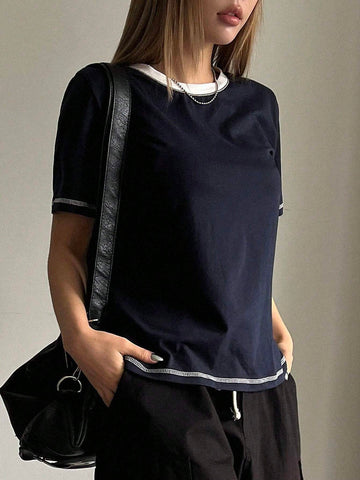 DAZY Women's Contrast Color See-Through Round Neck Loose Short Sleeve T-Shirt