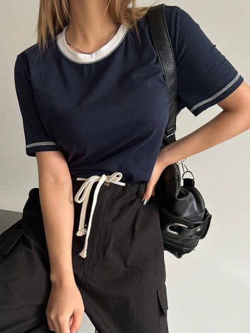 DAZY Women's Contrast Color See-Through Round Neck Loose Short Sleeve T-Shirt