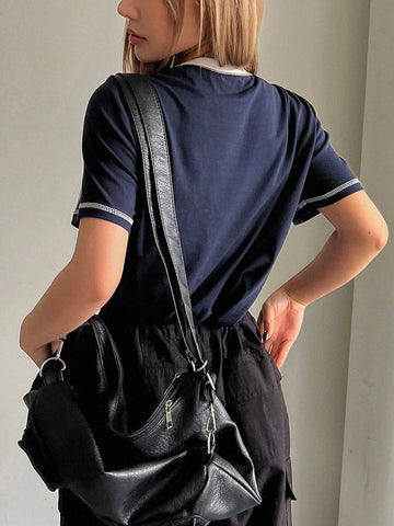 DAZY Women's Contrast Color See-Through Round Neck Loose Short Sleeve T-Shirt