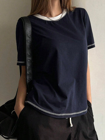 DAZY Women's Contrast Color See-Through Round Neck Loose Short Sleeve T-Shirt