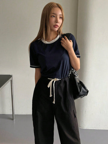 DAZY Women's Contrast Color See-Through Round Neck Loose Short Sleeve T-Shirt