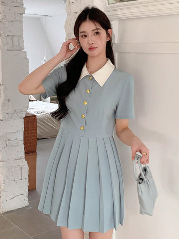 DAZY Women's Contrasting Color Turn-Down Collar Pleated Hem Dress