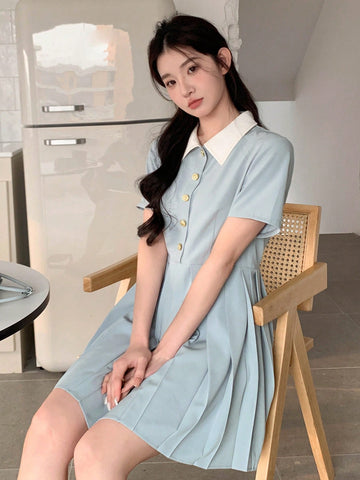 DAZY Women's Contrasting Color Turn-Down Collar Pleated Hem Dress