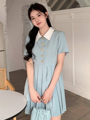 DAZY Women's Contrasting Color Turn-Down Collar Pleated Hem Dress