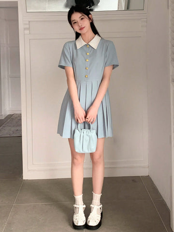 DAZY Women's Contrasting Color Turn-Down Collar Pleated Hem Dress