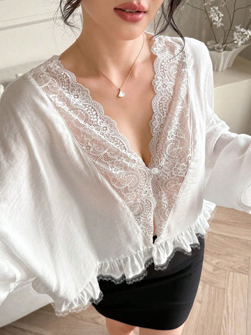 DAZY Women's Deep V Neck Long Sleeve Lace Patchwork Semi-Sheer Casual & Versatile White Blouse, Sexy Summer