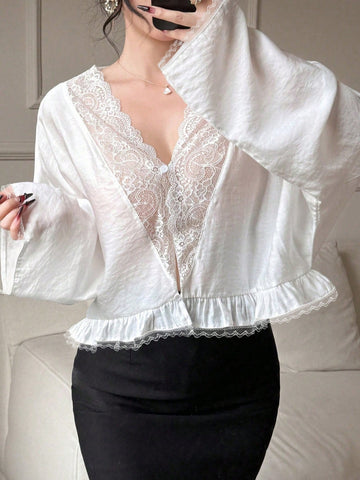DAZY Women's Deep V Neck Long Sleeve Lace Patchwork Semi-Sheer Casual & Versatile White Blouse, Sexy Summer