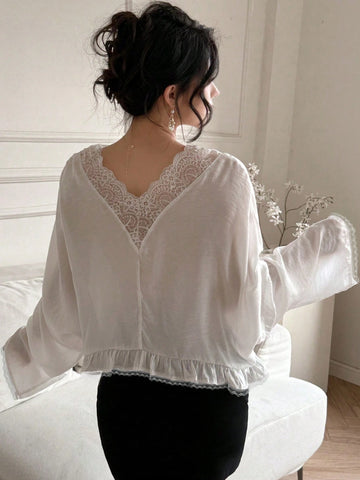 DAZY Women's Deep V Neck Long Sleeve Lace Patchwork Semi-Sheer Casual & Versatile White Blouse, Sexy Summer