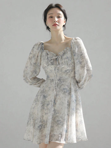 DAZY Women's Ditsy Floral Square Neck Long Sleeve Short Floral Dress