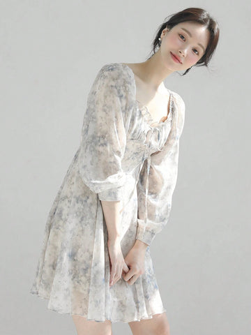 DAZY Women's Ditsy Floral Square Neck Long Sleeve Short Floral Dress