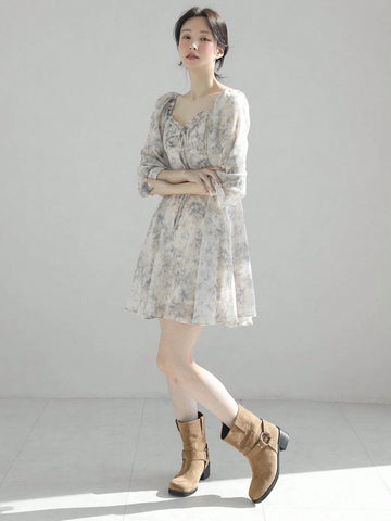 DAZY Women's Ditsy Floral Square Neck Long Sleeve Short Floral Dress