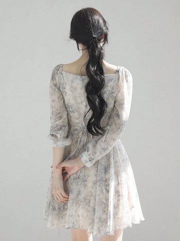 DAZY Women's Ditsy Floral Square Neck Long Sleeve Short Floral Dress