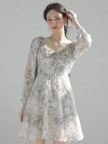 DAZY Women's Ditsy Floral Square Neck Long Sleeve Short Floral Dress