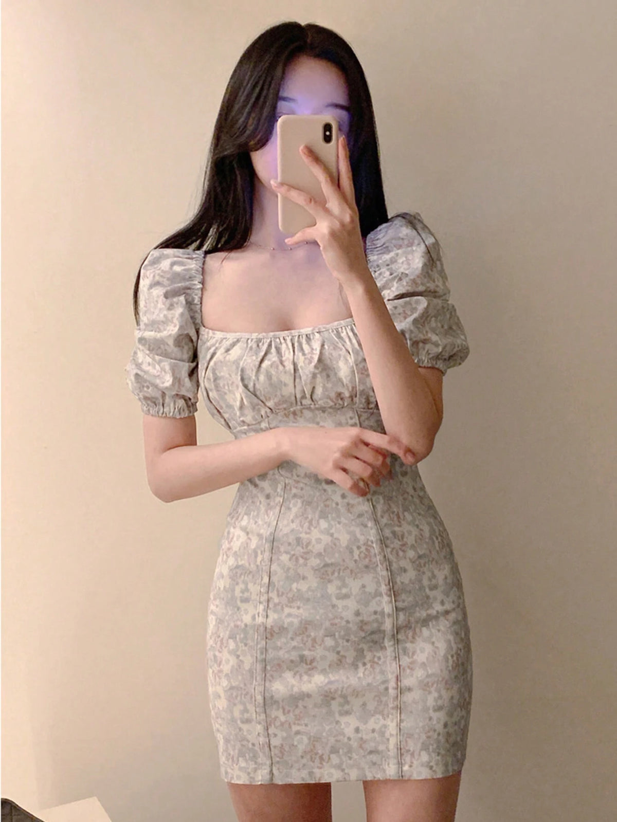 DAZY Women's Ditsy Floral Square Neck Pleat Detail Elegant Dress