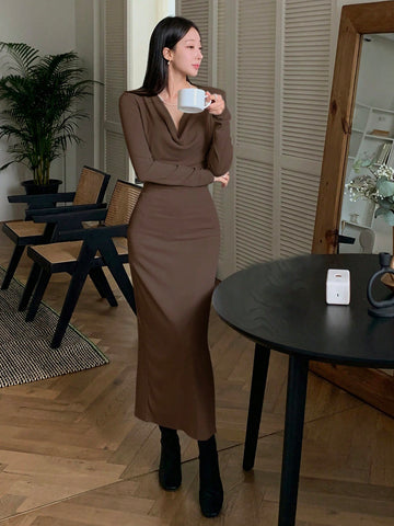 DAZY Women's Draped Collar Long Sleeve Dress