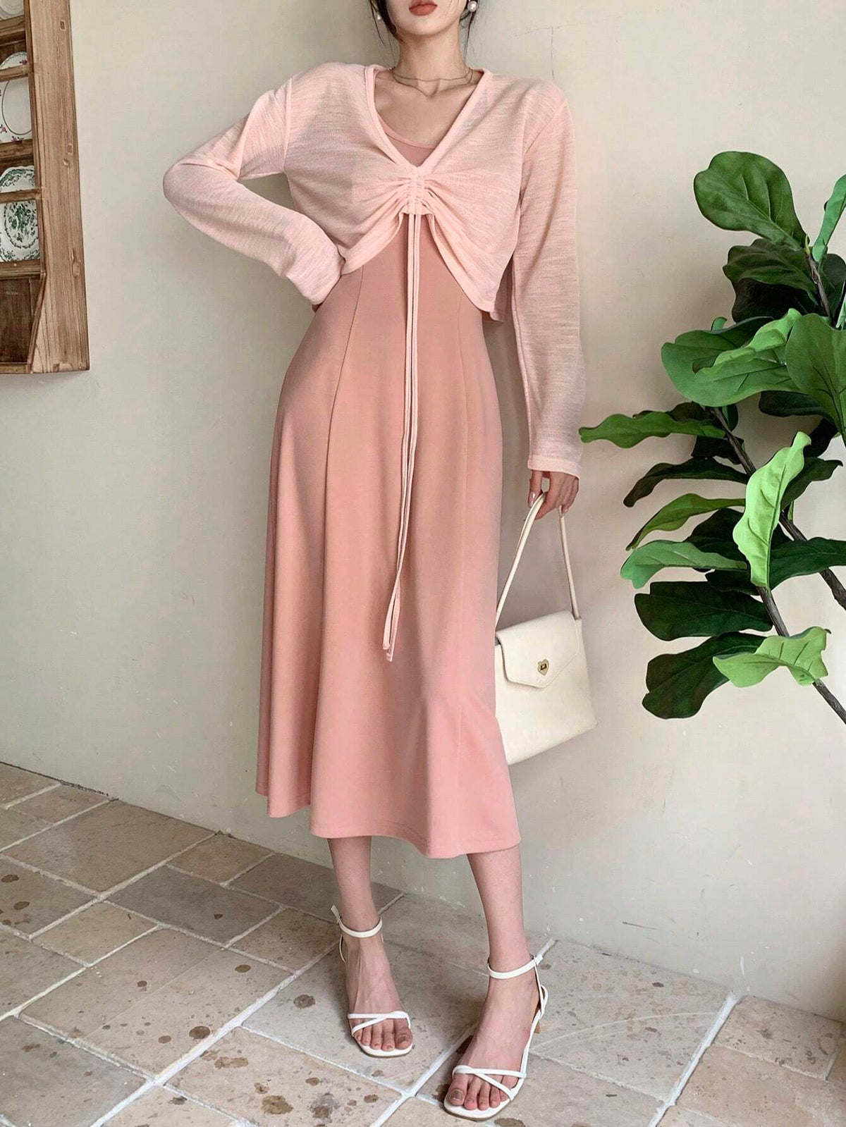 DAZY Women's Drawstring Plunging Neckline Blouse And Slip Dress 2 Pieces Set