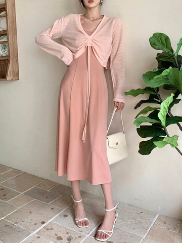 DAZY Women's Drawstring Plunging Neckline Blouse And Slip Dress 2 Pieces Set