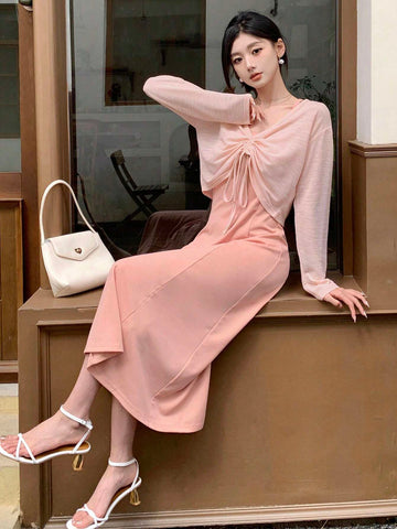 DAZY Women's Drawstring Plunging Neckline Blouse And Slip Dress 2 Pieces Set