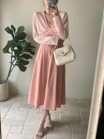 DAZY Women's Drawstring Plunging Neckline Blouse And Slip Dress 2 Pieces Set