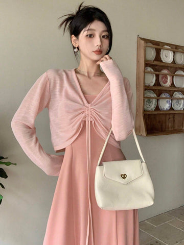 DAZY Women's Drawstring Plunging Neckline Blouse And Slip Dress 2 Pieces Set