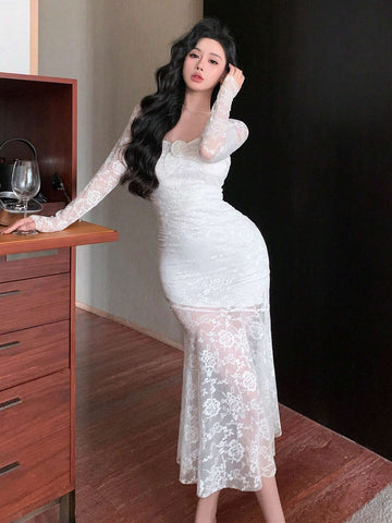 DAZY Women's Elegant Banquet Stand Collar 3D Flower Lace Long Sleeve Dress