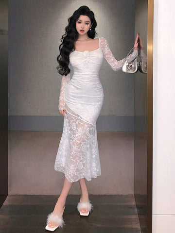 DAZY Women's Elegant Banquet Stand Collar 3D Flower Lace Long Sleeve Dress