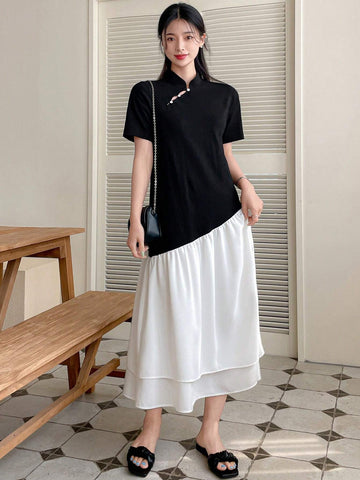 DAZY Women's Elegant Color Block Stand Collar Summer Dress