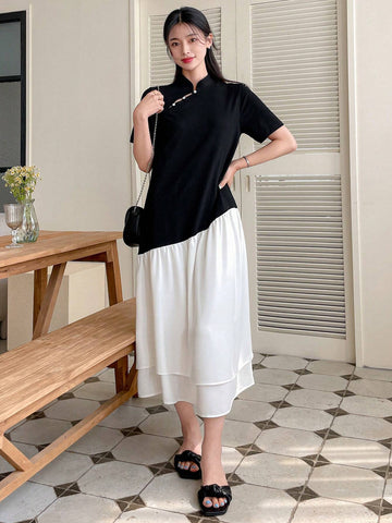 DAZY Women's Elegant Color Block Stand Collar Summer Dress