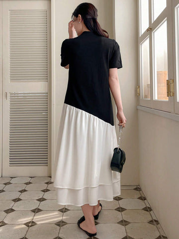 DAZY Women's Elegant Color Block Stand Collar Summer Dress