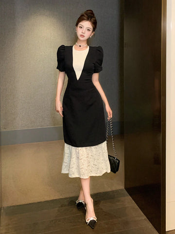 DAZY Women's Elegant Contrast Color Lace Patchwork Mini Dress