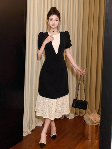 DAZY Women's Elegant Contrast Color Lace Patchwork Mini Dress