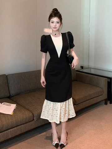 DAZY Women's Elegant Contrast Color Lace Patchwork Mini Dress