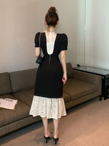 DAZY Women's Elegant Contrast Color Lace Patchwork Mini Dress