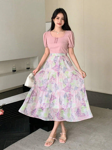 DAZY Women's Elegant Floral Allover Print Skirt For Summer