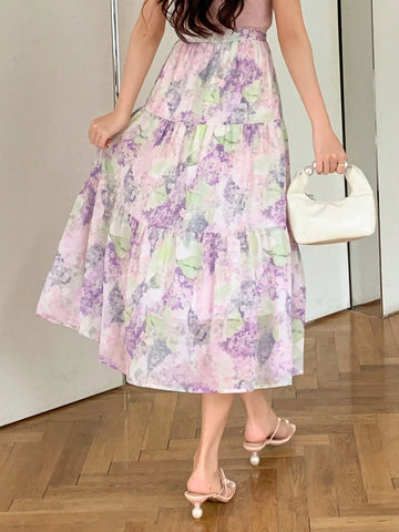 DAZY Women's Elegant Floral Allover Print Skirt For Summer