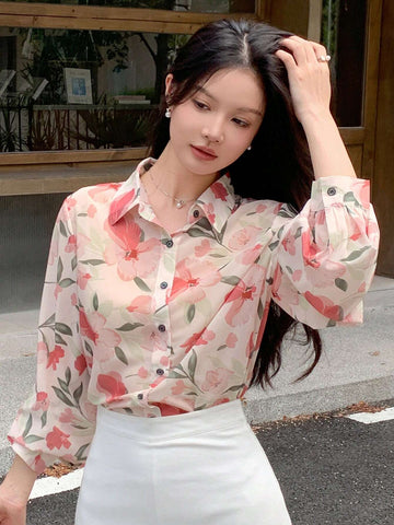 DAZY Women's Elegant Floral Print Chiffon Long Sleeve Blouse, Autumn