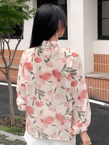 DAZY Women's Elegant Floral Print Chiffon Long Sleeve Blouse, Autumn
