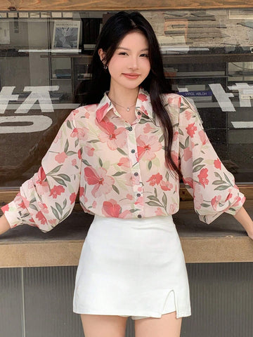 DAZY Women's Elegant Floral Print Chiffon Long Sleeve Blouse, Autumn