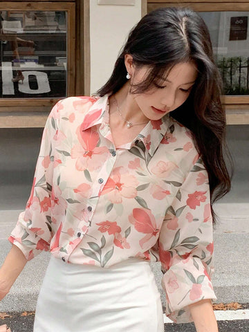 DAZY Women's Elegant Floral Print Chiffon Long Sleeve Blouse, Autumn