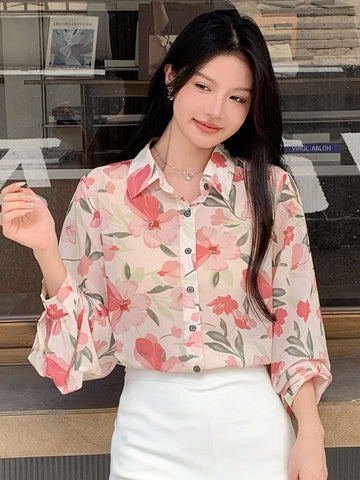 DAZY Women's Elegant Floral Print Chiffon Long Sleeve Blouse, Autumn
