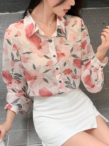 DAZY Women's Elegant Floral Print Chiffon Long Sleeve Blouse, Autumn