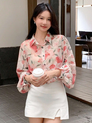 DAZY Women's Elegant Floral Print Chiffon Long Sleeve Blouse, Autumn