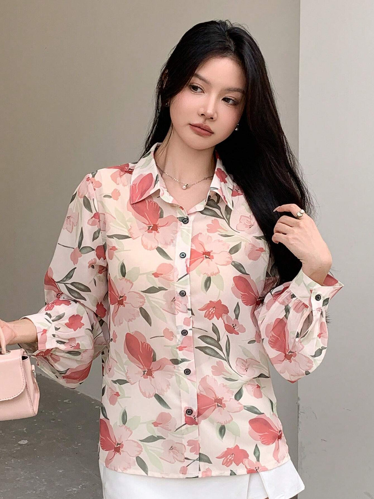 DAZY Women's Elegant Floral Print Chiffon Long Sleeve Blouse, Autumn