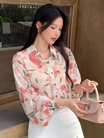 DAZY Women's Elegant Floral Print Chiffon Long Sleeve Blouse, Autumn